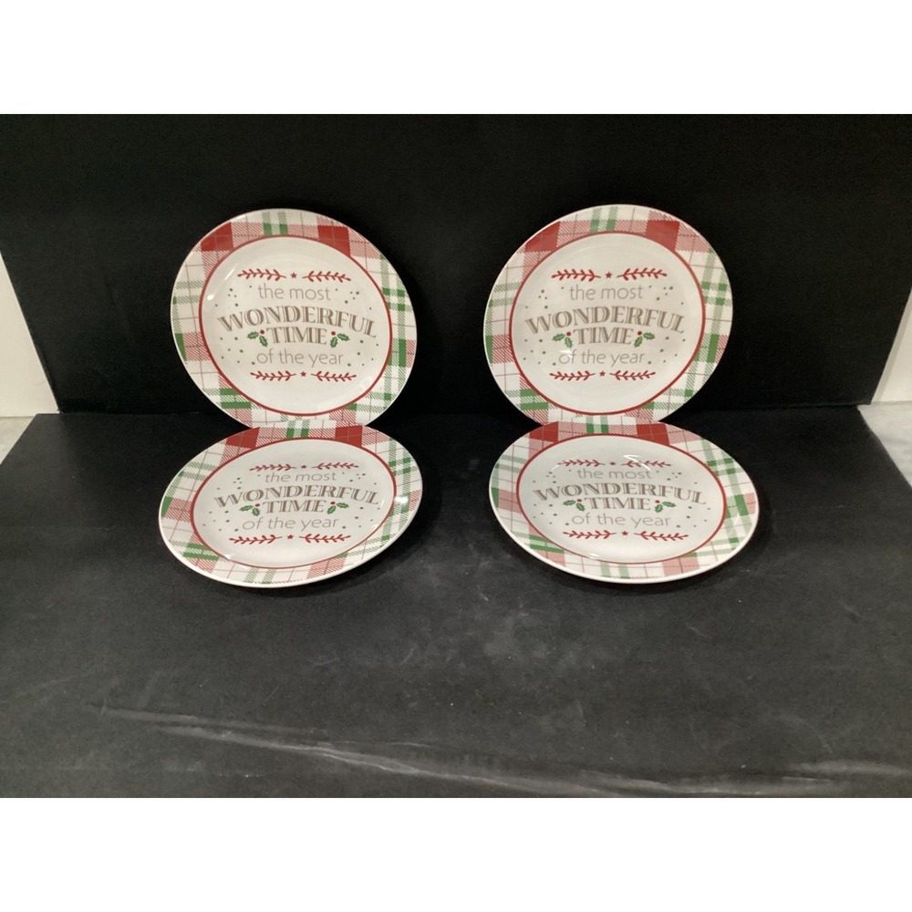 New Royal Norfolk Plaid Christmas Salad‎ Plates 8" Set of 4  Most Wonderful Time